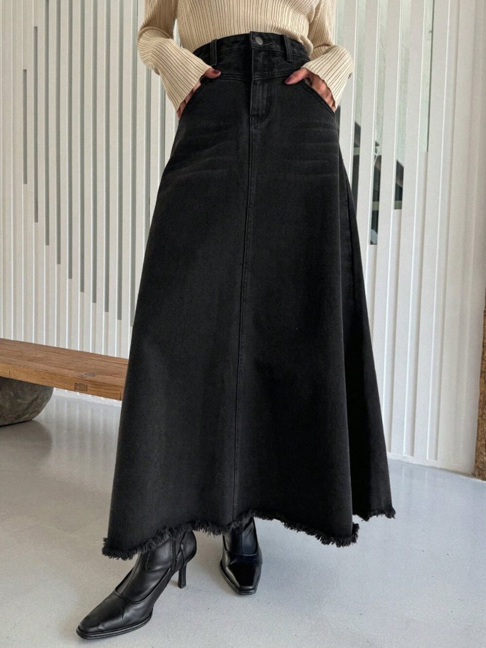 Dark denim Casual Women's Plain Long Denim Skirt - Picture 6 of 8